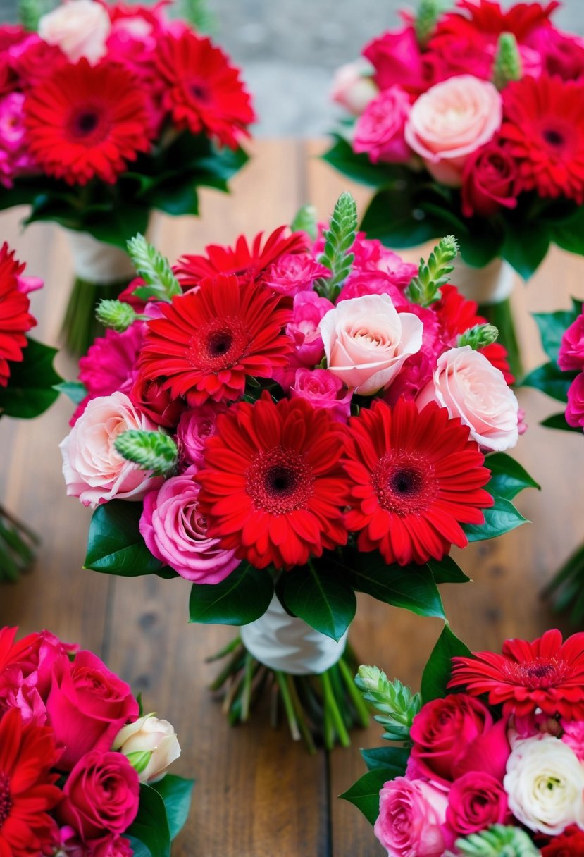 A vibrant bouquet of red and pink flowers arranged in color-blocked patterns for a wedding celebration