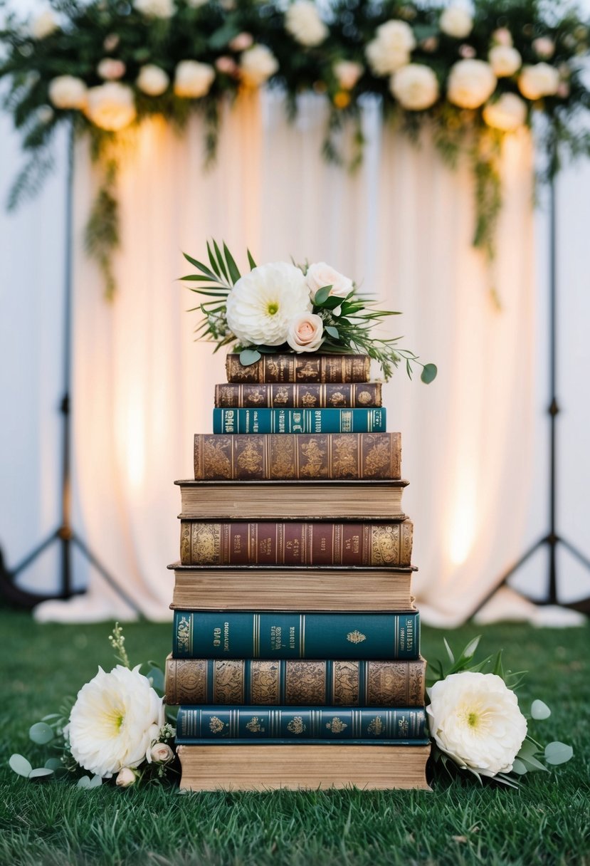 A stack of weathered vintage books arranged as a backdrop, with soft lighting and floral accents for a romantic wedding setting