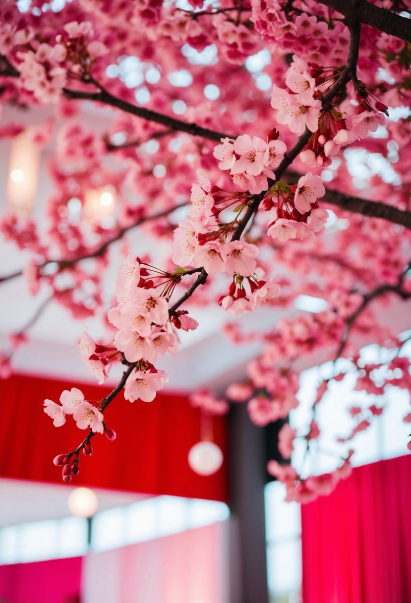 Cherry blossom branches adorn the venue, creating a beautiful red and pink wedding color scheme