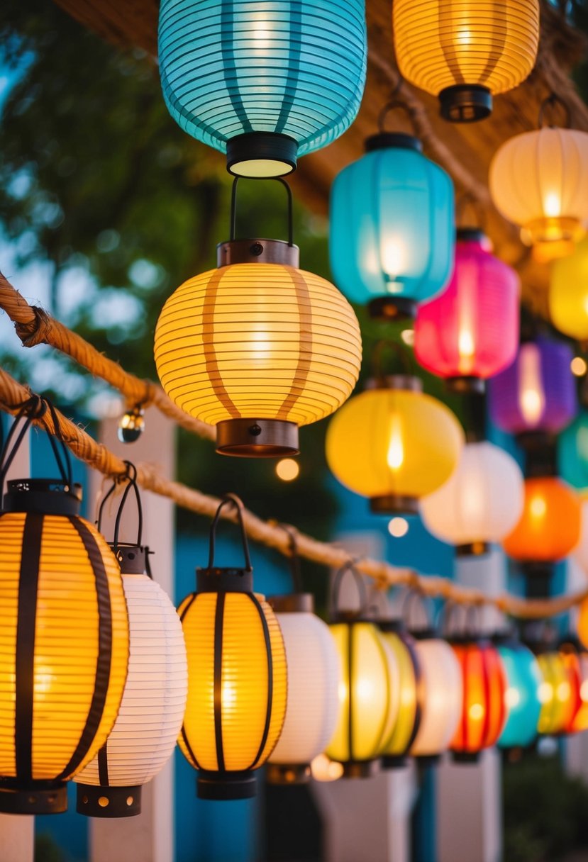 A row of hanging lanterns in various sizes and colors, creating a beautiful and enchanting display, perfect for a wedding backdrop