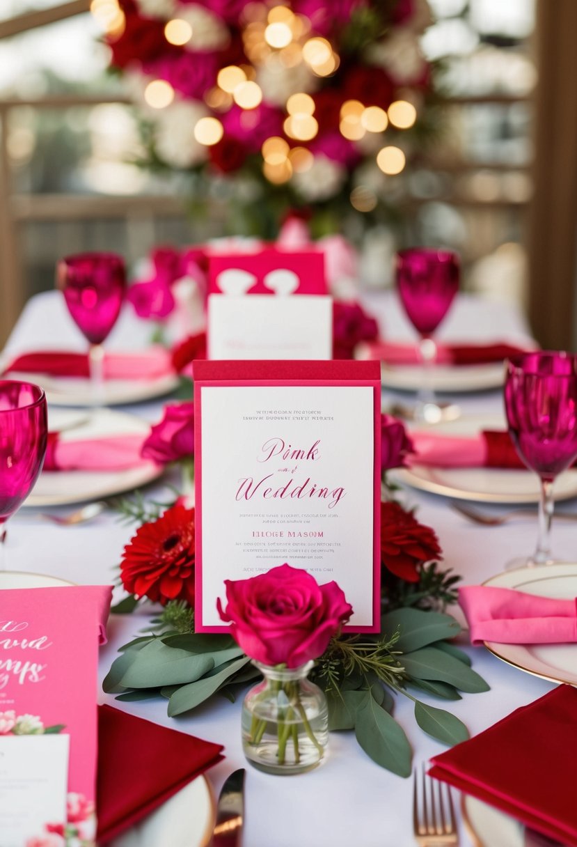 A table set with pink and red wedding invitations, surrounded by decor in coordinating shades