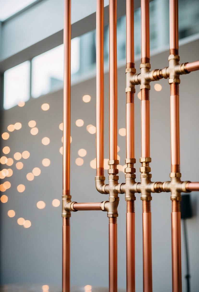 Copper pipes arranged in minimalist design, creating a modern wedding backdrop