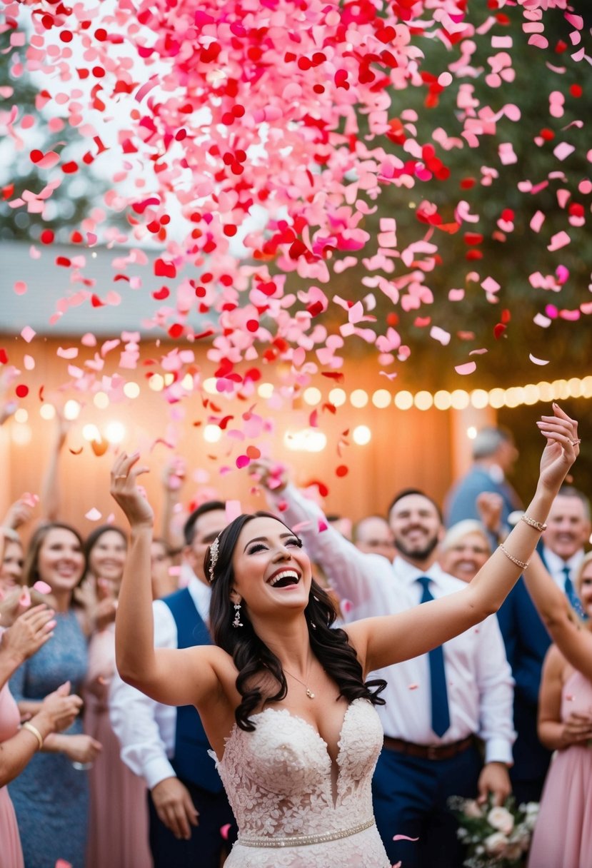 A joyful celebration with pink and red confetti raining down in a beautiful wedding setting