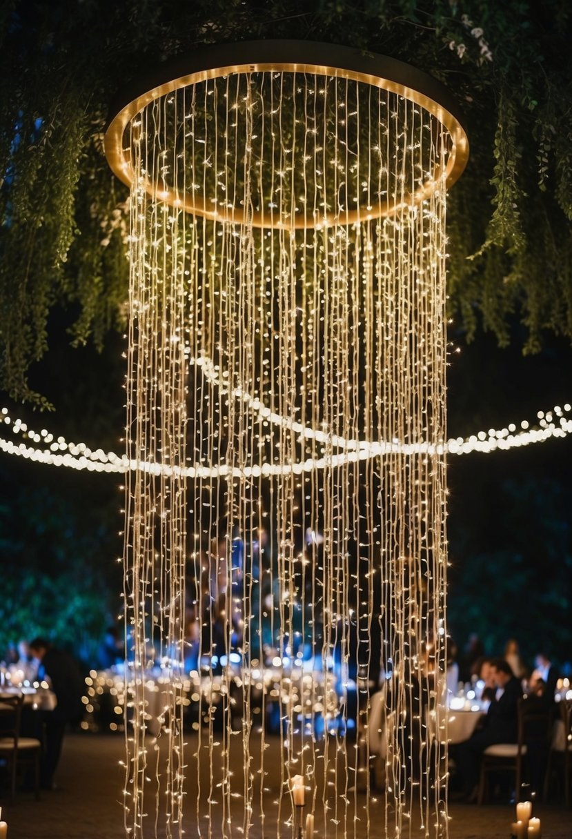 A canopy of twinkling lights cascades down from above, creating a magical and romantic atmosphere for a wedding backdrop