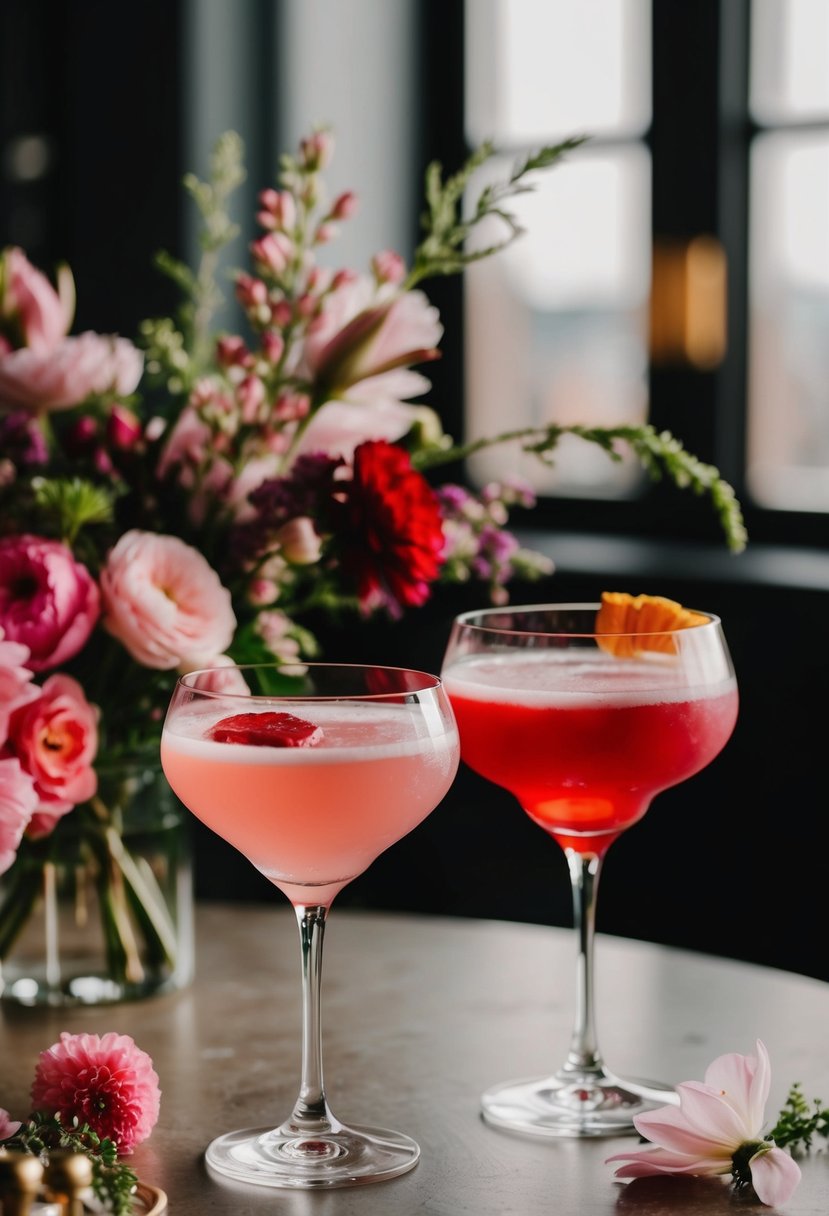 Two elegant cocktails in shades of pink and red on a table with floral decorations