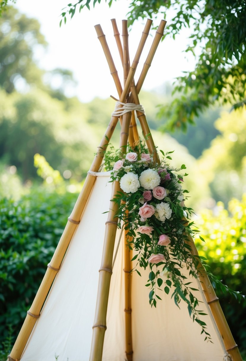 A bamboo teepee stands adorned with flowers, set against a backdrop of lush greenery and soft, dappled sunlight