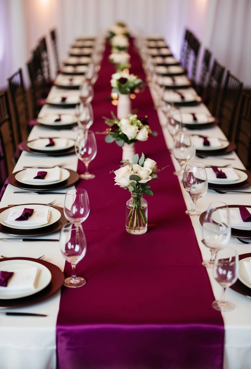 Mauve and burgundy runners adorn tables in a romantic wedding setting