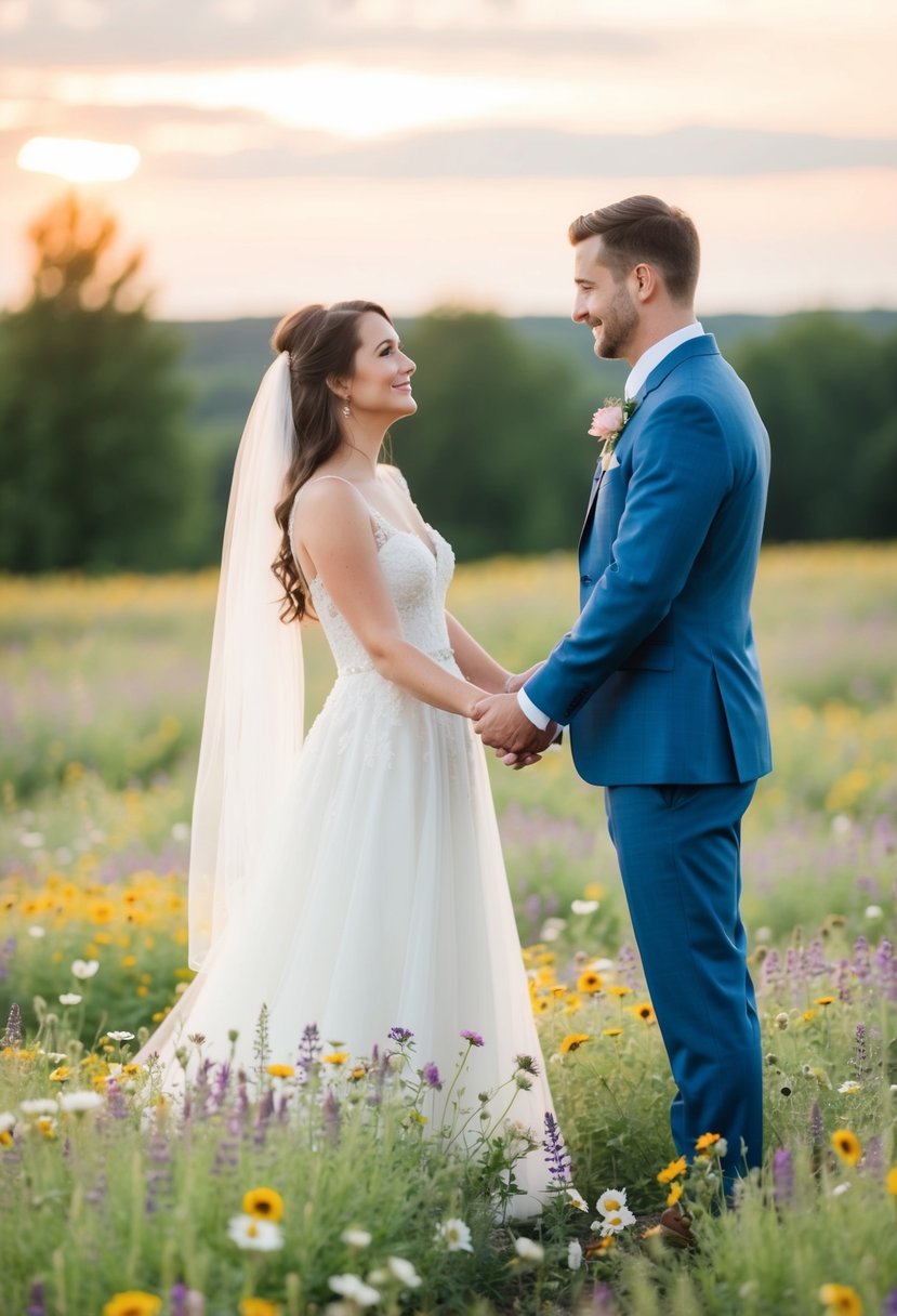 A bride and groom standing in a field of wildflowers, holding hands and looking into each other's eyes with a soft sunset in the background