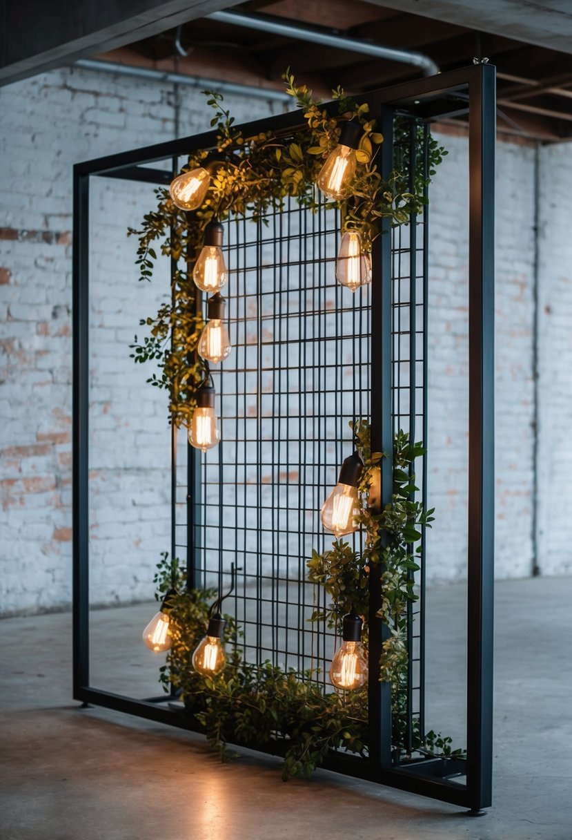 A sleek metal grid adorned with Edison bulbs and greenery, set against a backdrop of exposed brick and concrete