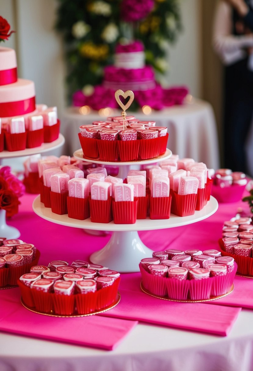 A table adorned with pink and red candy bars, surrounded by wedding decor in matching colors, creating a beautiful and vibrant scene