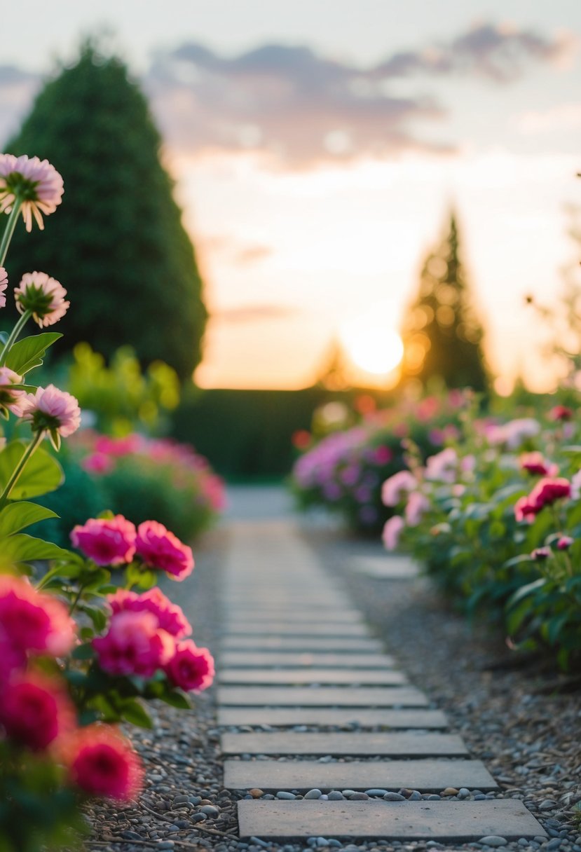 A serene garden path with blooming flowers and a soft sunset glow