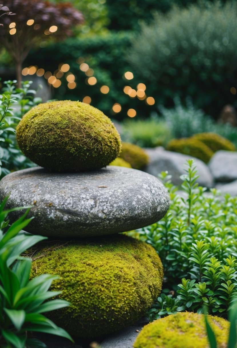 A serene stone garden with moss-covered rocks and lush greenery, creating a tranquil and romantic wedding backdrop