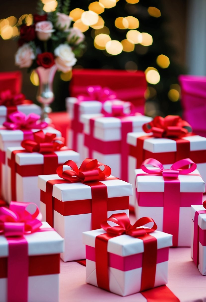 Gifts wrapped in red and pink ribbons arranged on a table with red and pink wedding decor