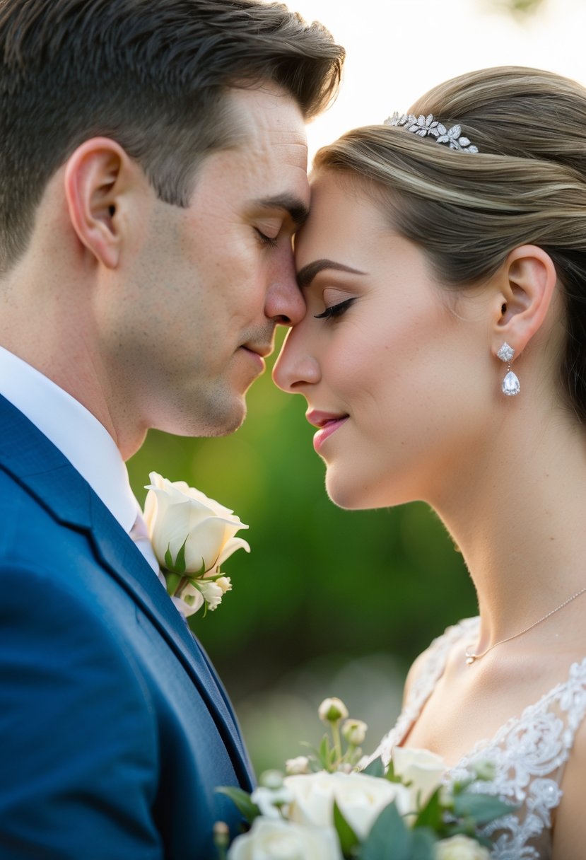 A bride and groom stand close, facing each other, with the groom gently leaning in to kiss the bride's forehead