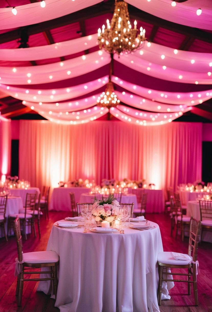 Soft pink and red lights cast a romantic glow over a wedding reception, creating a dreamy and beautiful ambiance