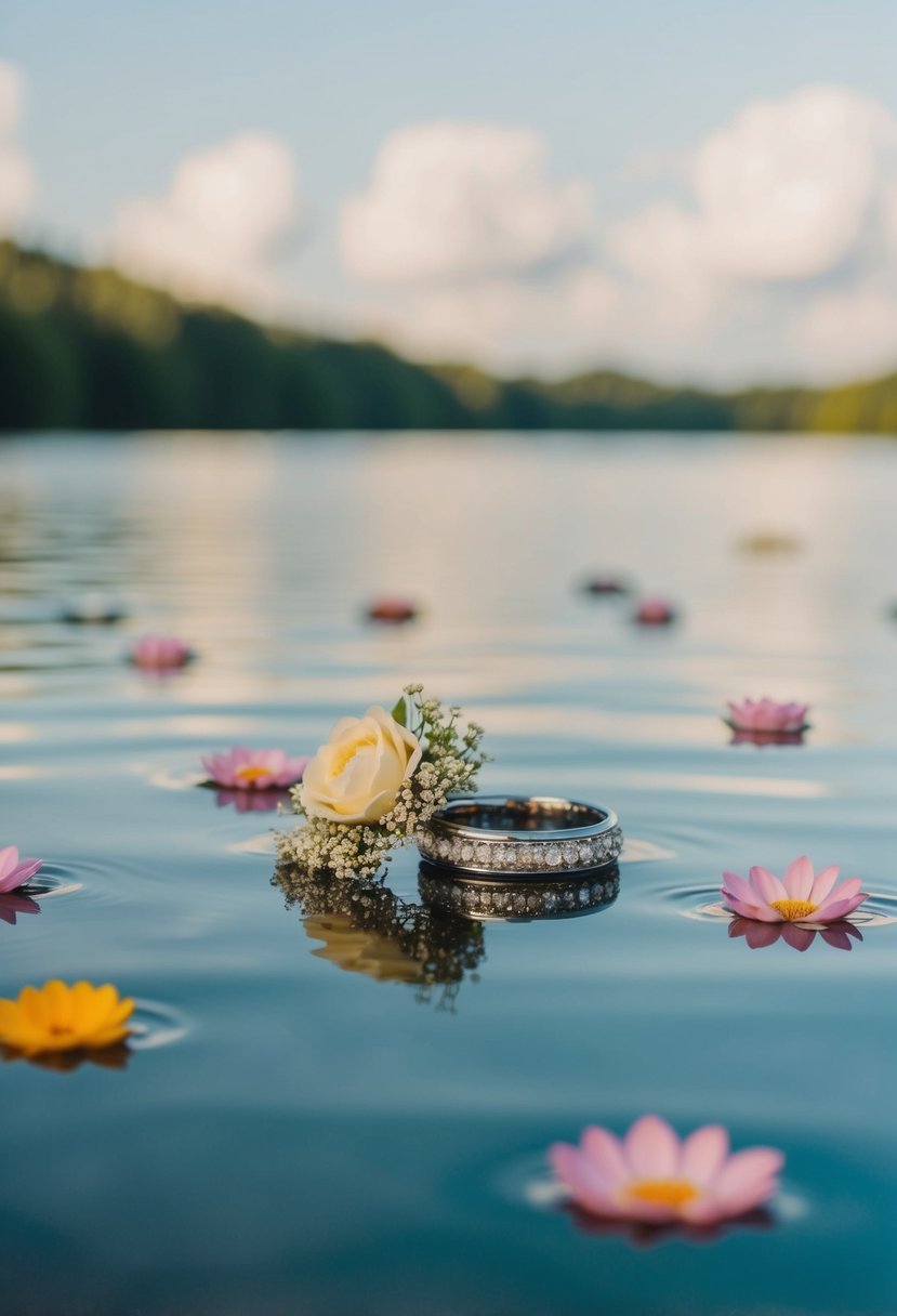 A serene lake with floating flower rings, creating a dreamy and romantic wedding backdrop