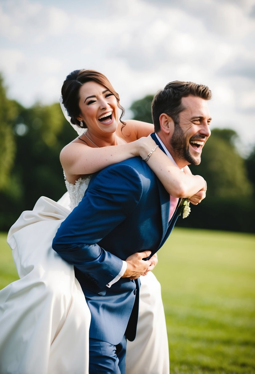 A groom carries his bride on his back, both laughing joyfully