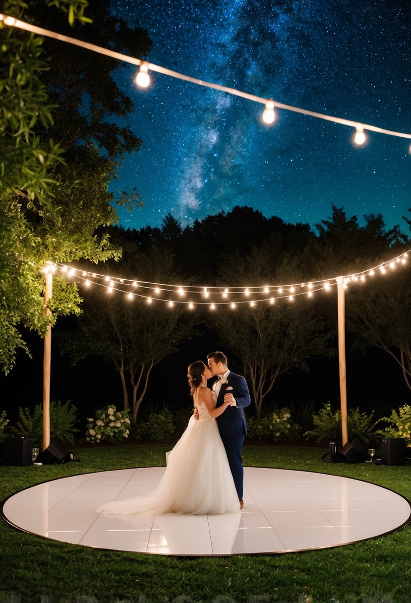 A romantic outdoor setting with a starry sky, twinkling lights, and a dance floor surrounded by lush greenery