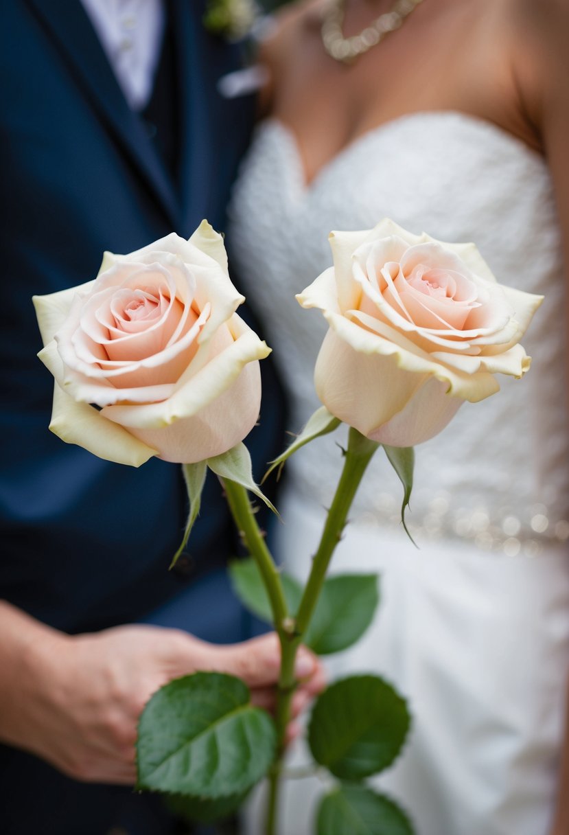 A close-up of two intertwined rose stems, symbolizing the unity and love of a bride and groom