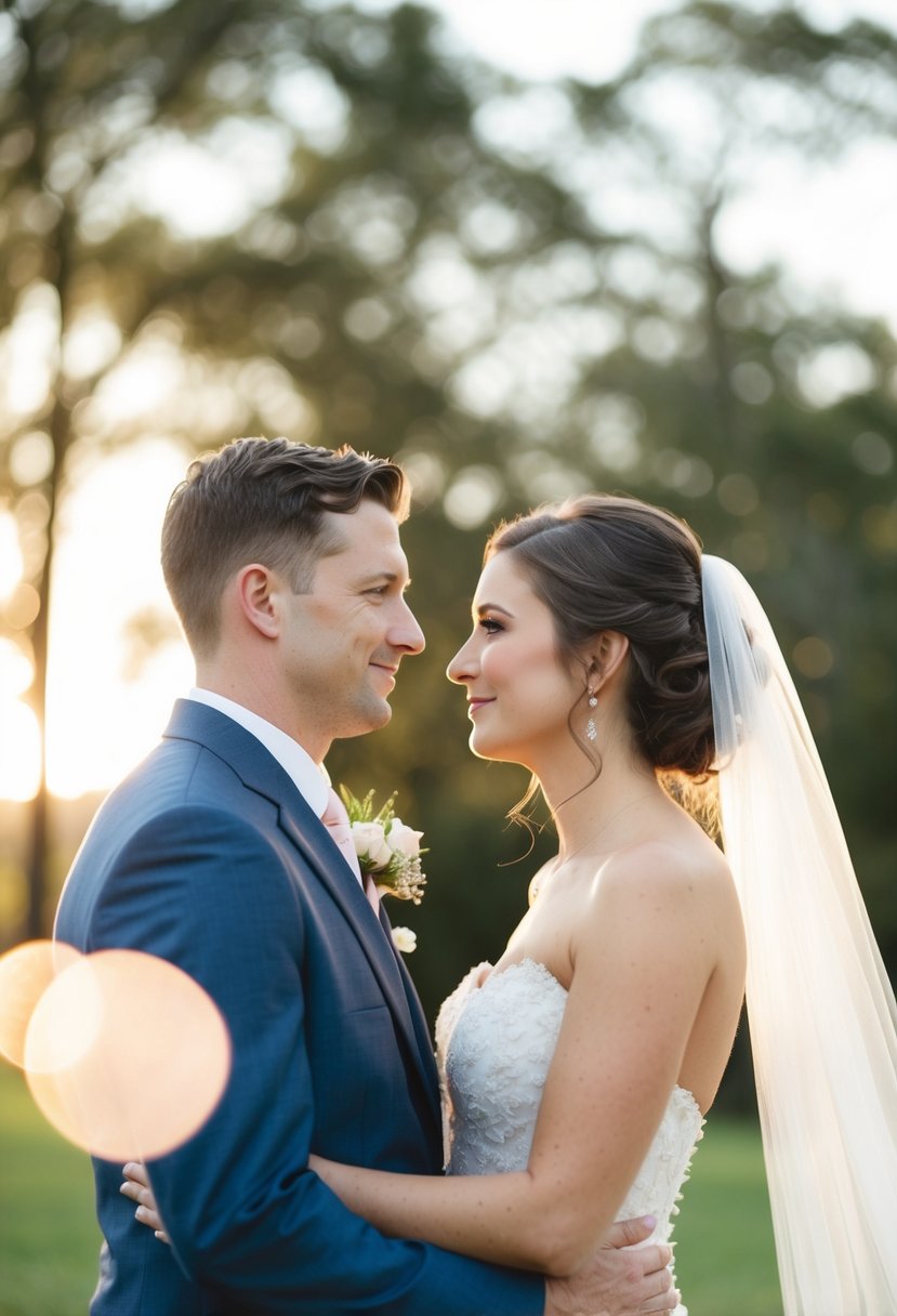 A bride and groom standing face to face, surrounded by soft, romantic lighting, with the bride's veil gently blowing in the wind