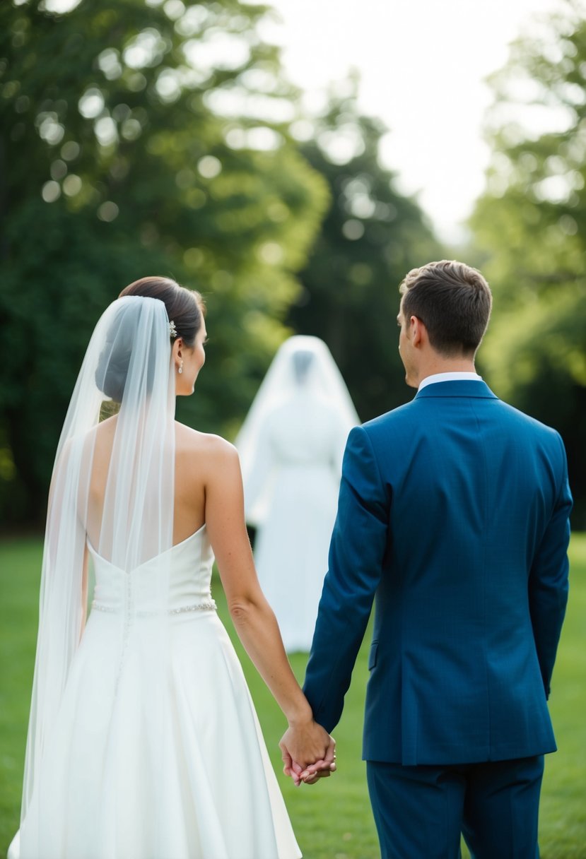 A bride and groom stand facing each other, hands raised as if holding a veil over an invisible figure between them