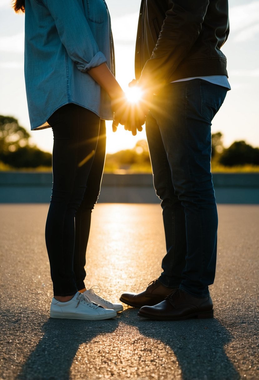 A couple standing close, facing each other, with the sun setting behind them, casting long shadows on the ground