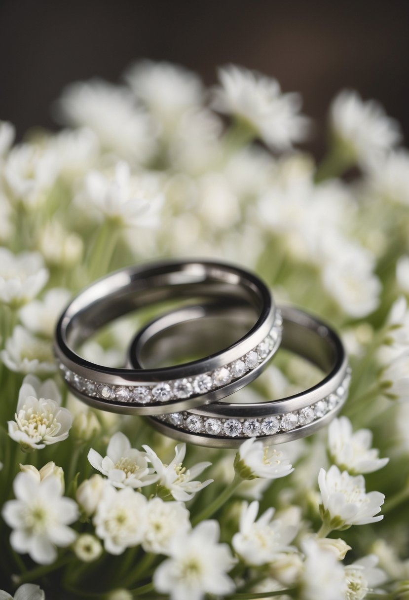 A close-up of two intertwined wedding rings resting on a bed of delicate white flowers