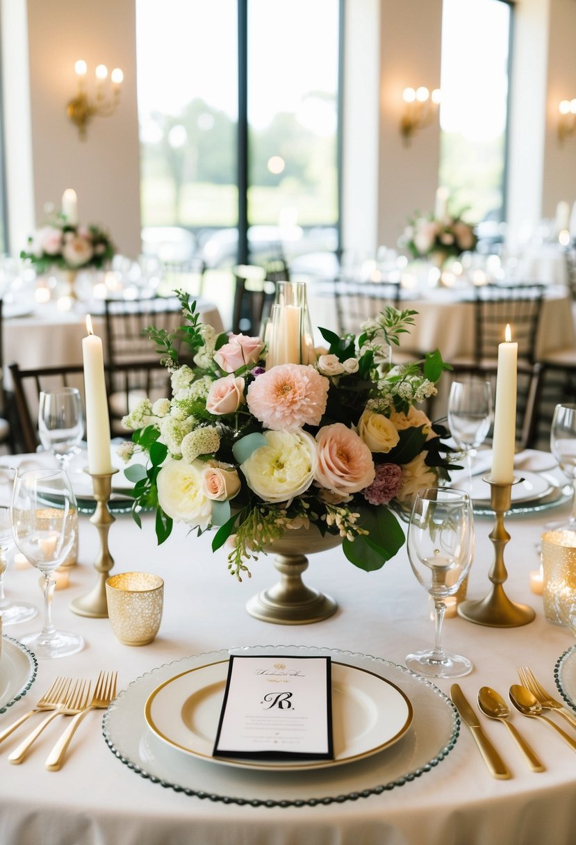 A table adorned with custom floral centerpieces, monogrammed place settings, and elegant candle holders