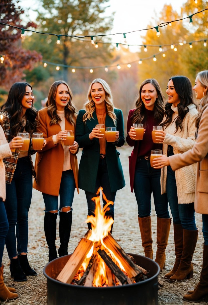 A group of women in autumnal attire gather around a bonfire, sipping cider and laughing under string lights in a cozy outdoor setting