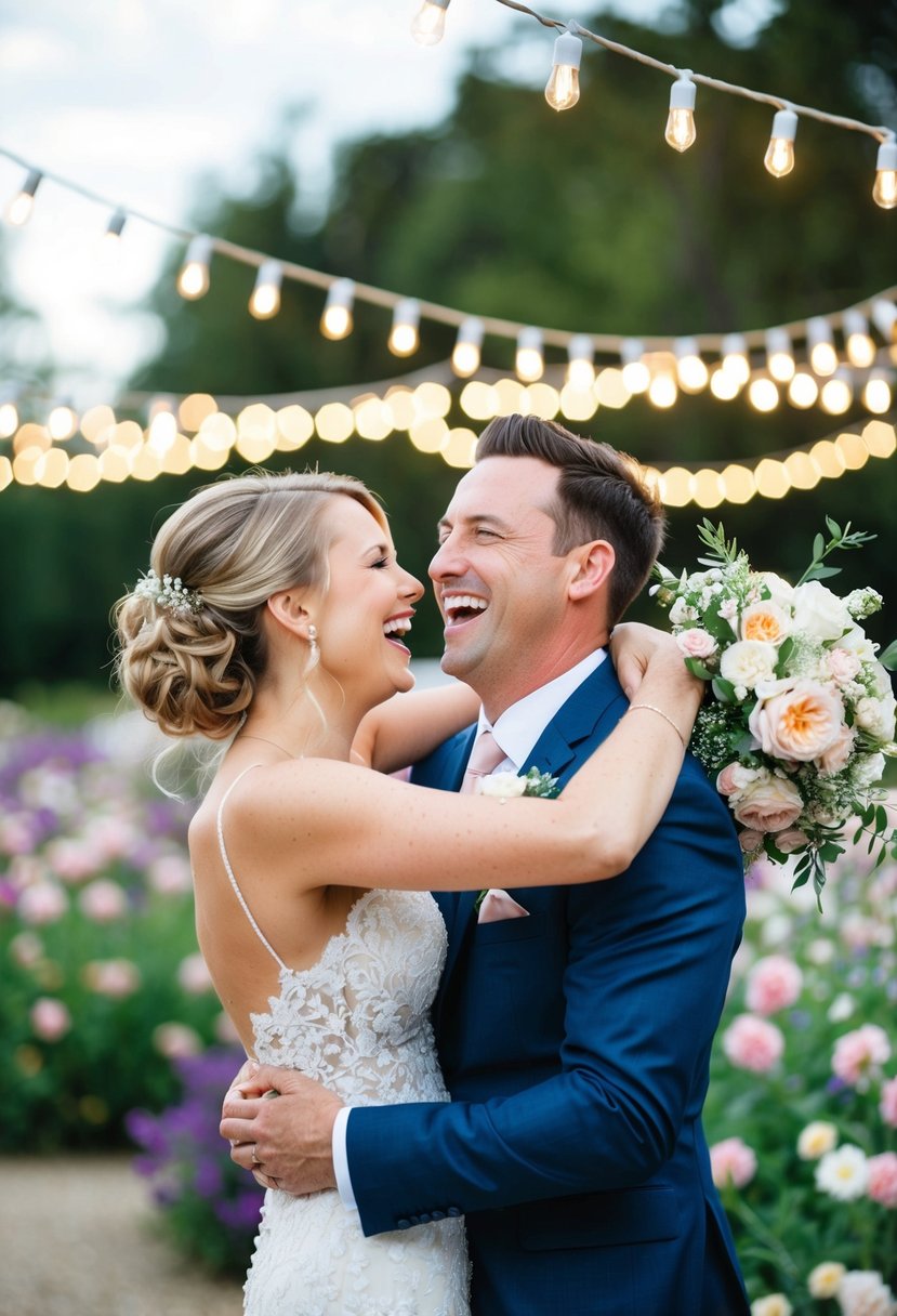 The bride and groom share a joyful embrace, their heads thrown back in laughter, surrounded by twinkling fairy lights and blooming flowers