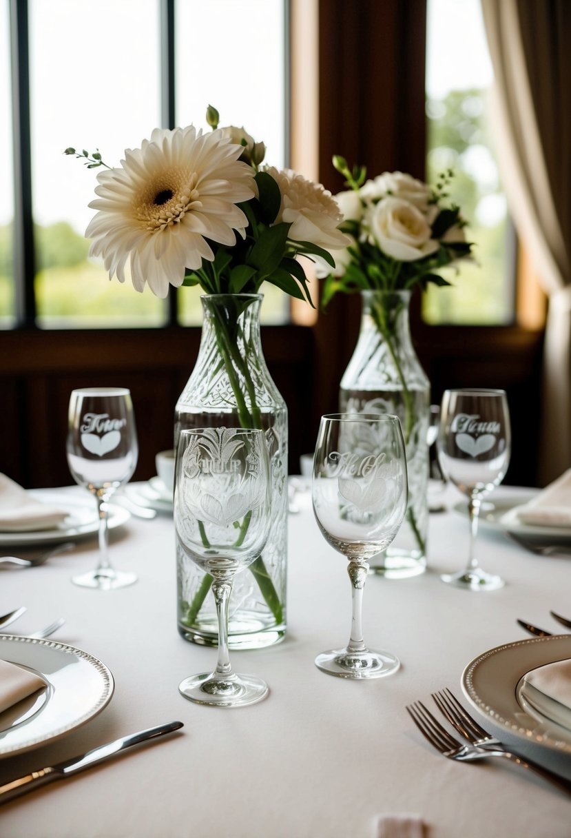 A table set with engraved glass flower vases, each personalized for a wedding celebration