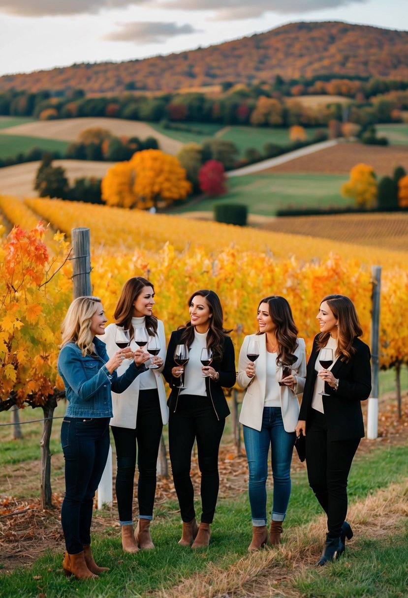 A group of women enjoy a wine tasting tour in a picturesque vineyard, surrounded by rolling hills and colorful autumn foliage