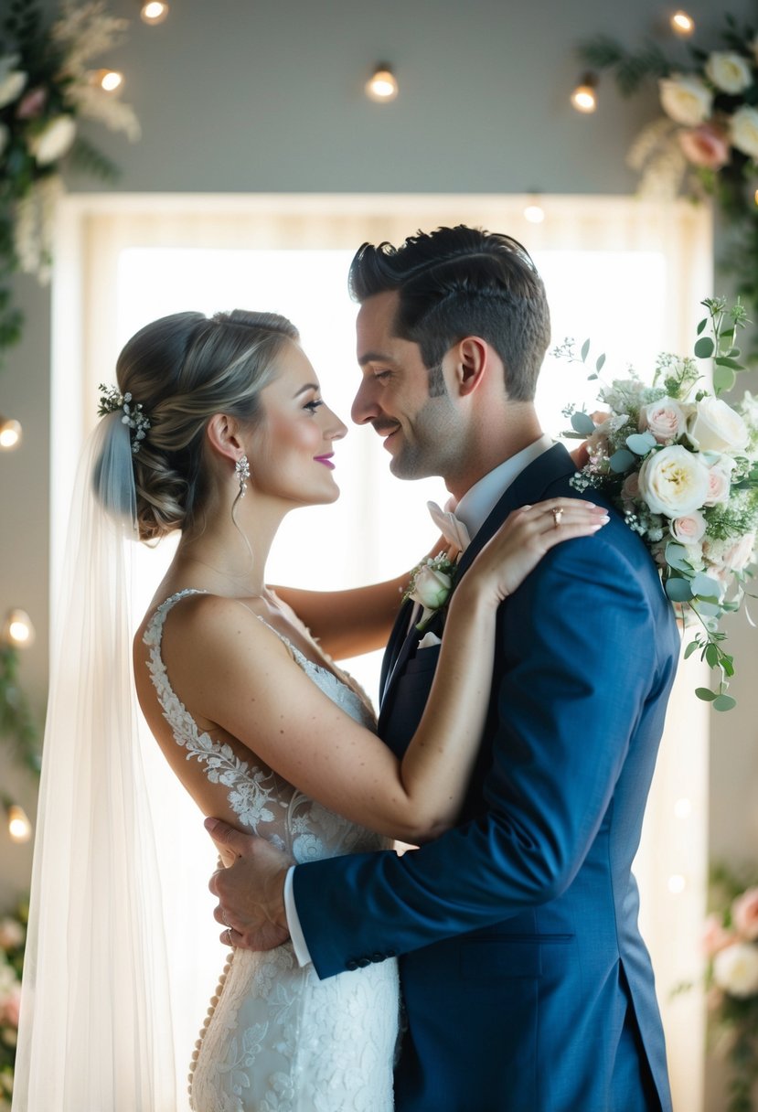 A bride and groom standing in a romantic embrace, surrounded by soft, ethereal lighting and delicate floral accents