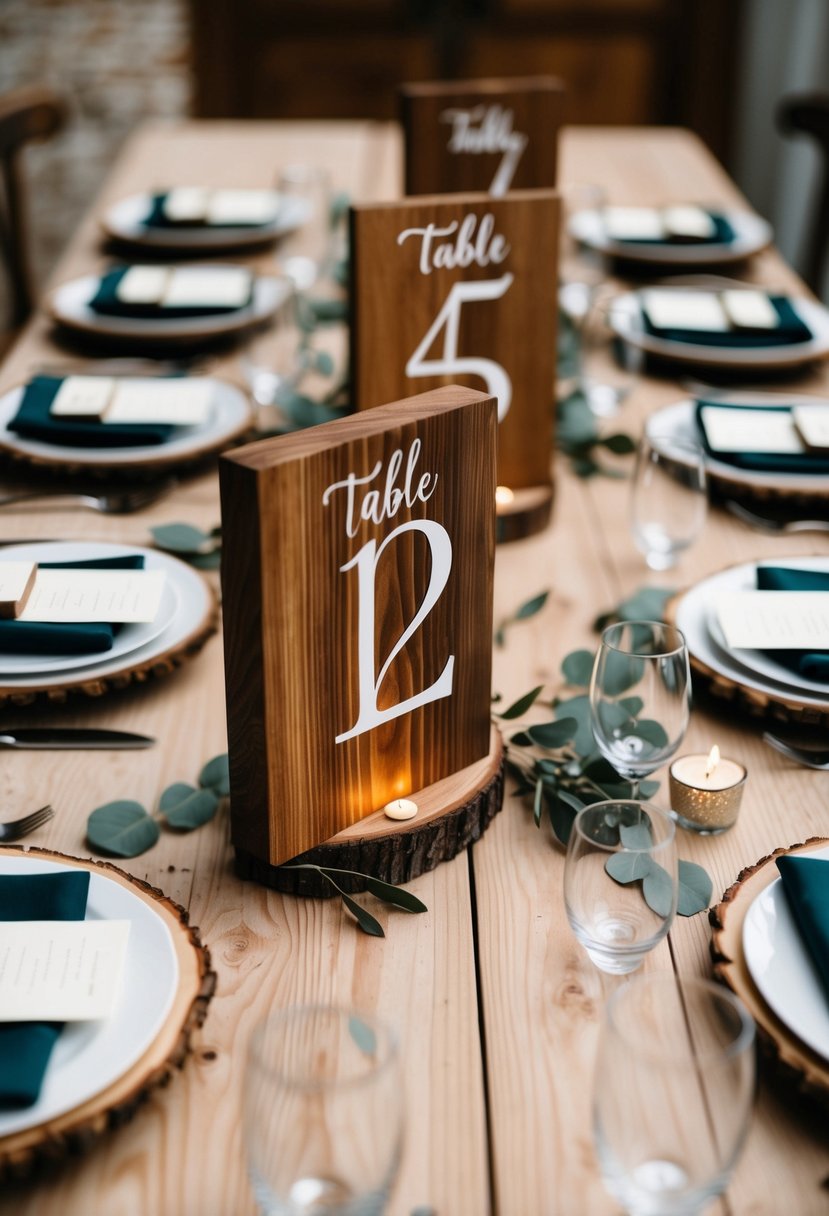 A set of wooden table numbers arranged in a rustic and elegant manner, with personalized details adding a unique touch to each piece