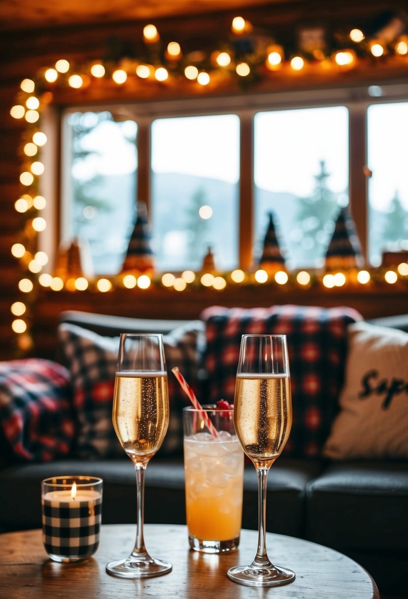 A cozy cabin with flannel decorations and glasses of sparkling drinks