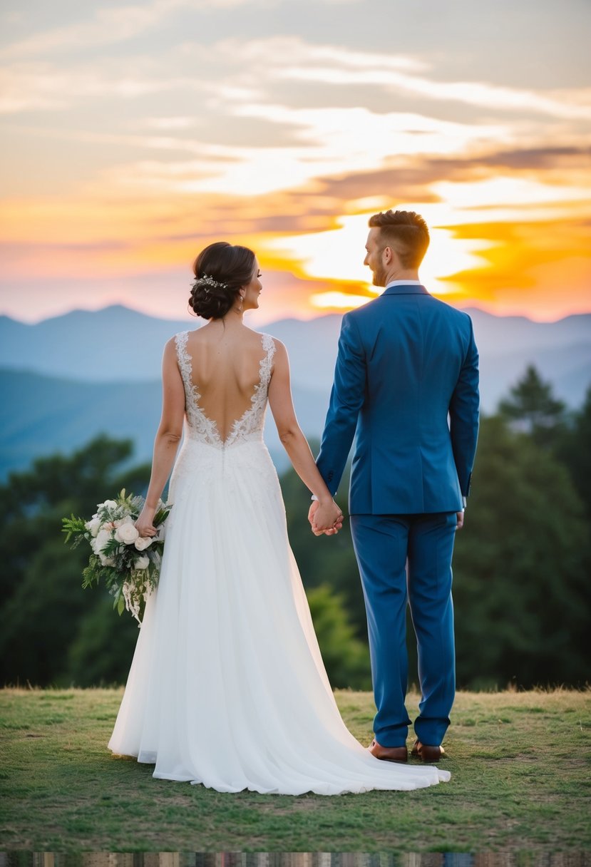 A bride and groom stand back-to-back, holding hands, with a scenic backdrop of a sunset and mountains behind them