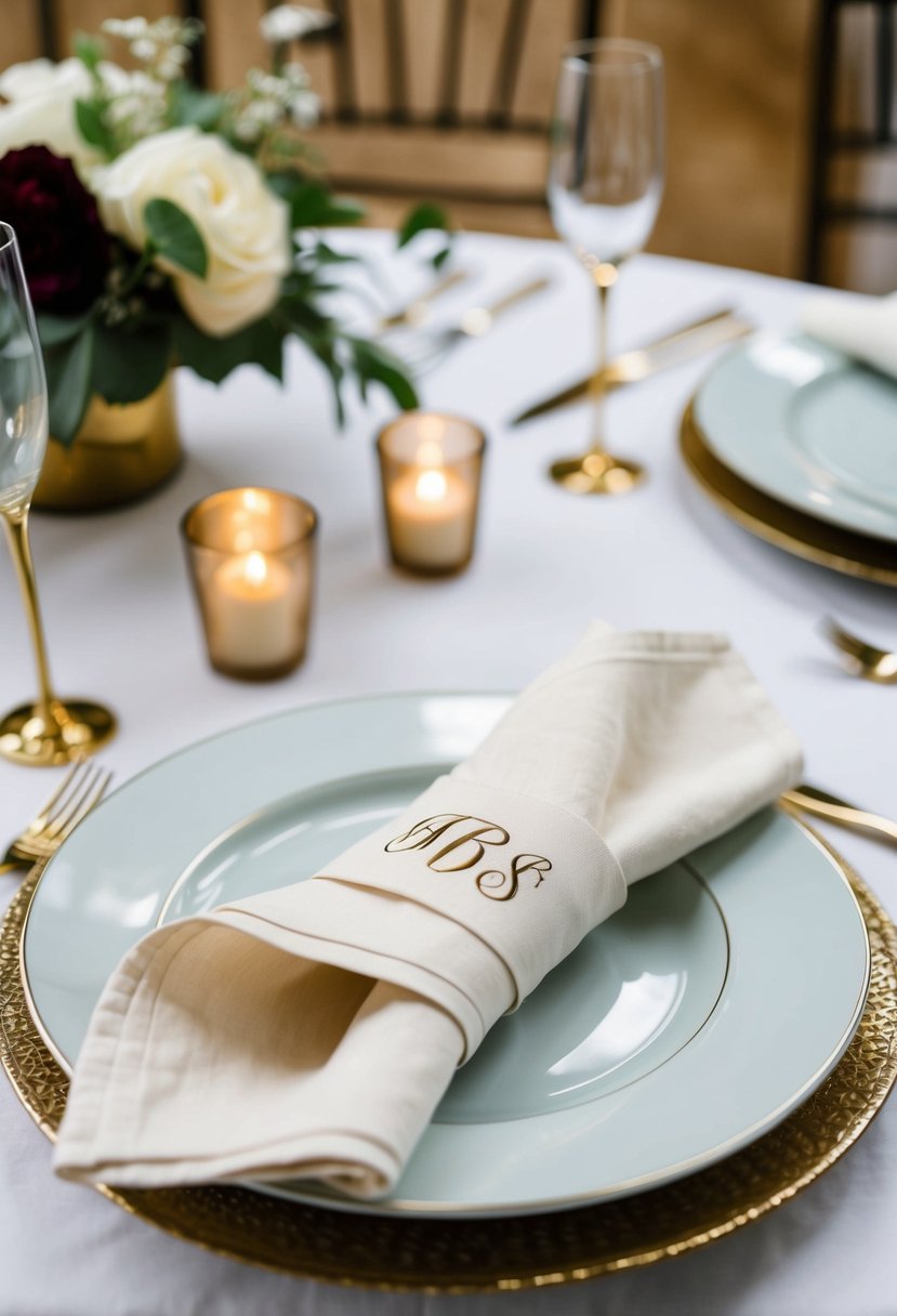 A table set with custom monogrammed napkins, elegantly folded and placed on each plate, adding a personal touch to the wedding decor