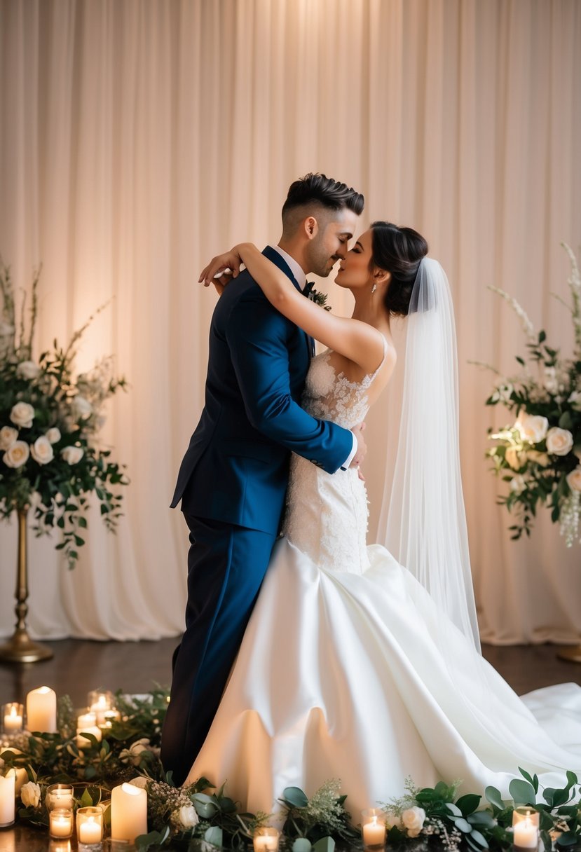 A bride and groom dip in a dramatic, romantic pose, surrounded by soft candlelight and elegant decor