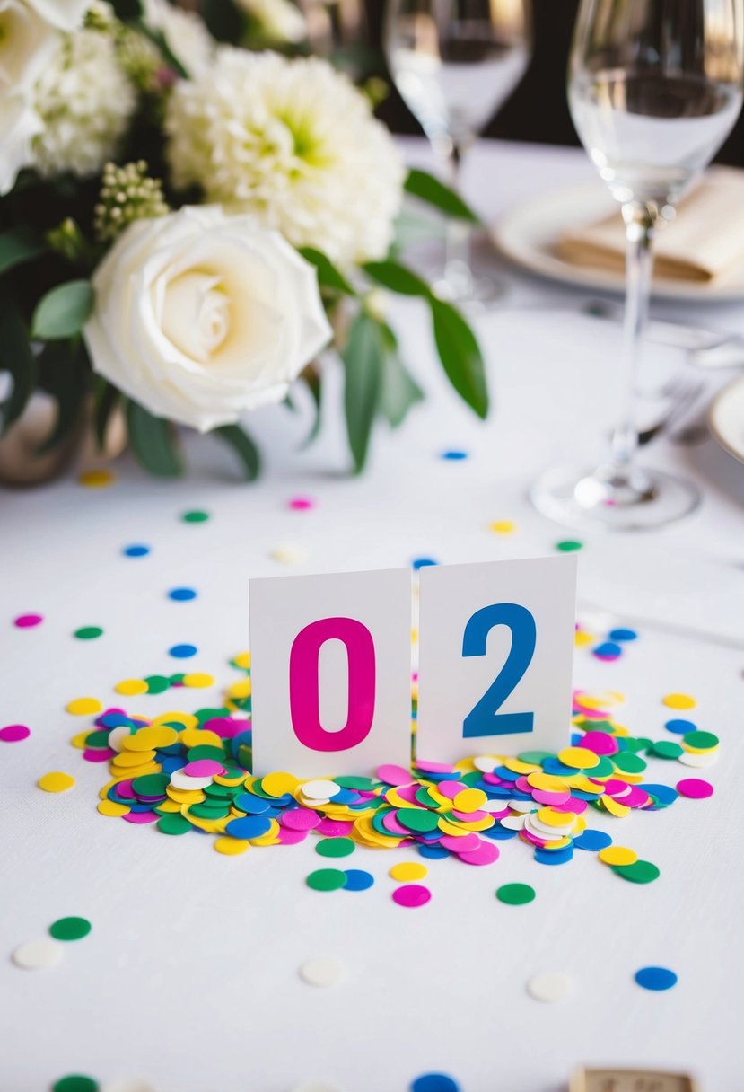 Colorful initial and date table confetti scattered on a white tablecloth, surrounded by elegant wedding decor