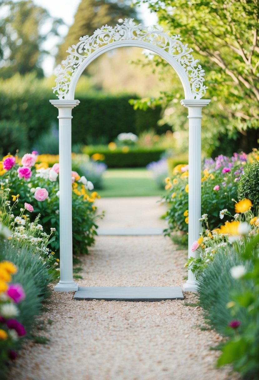 A garden path with blooming flowers and a decorative archway, creating a romantic setting for a wedding photo