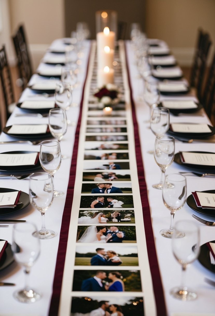 A long table with personalized photo table runners, adorned with wedding decorations