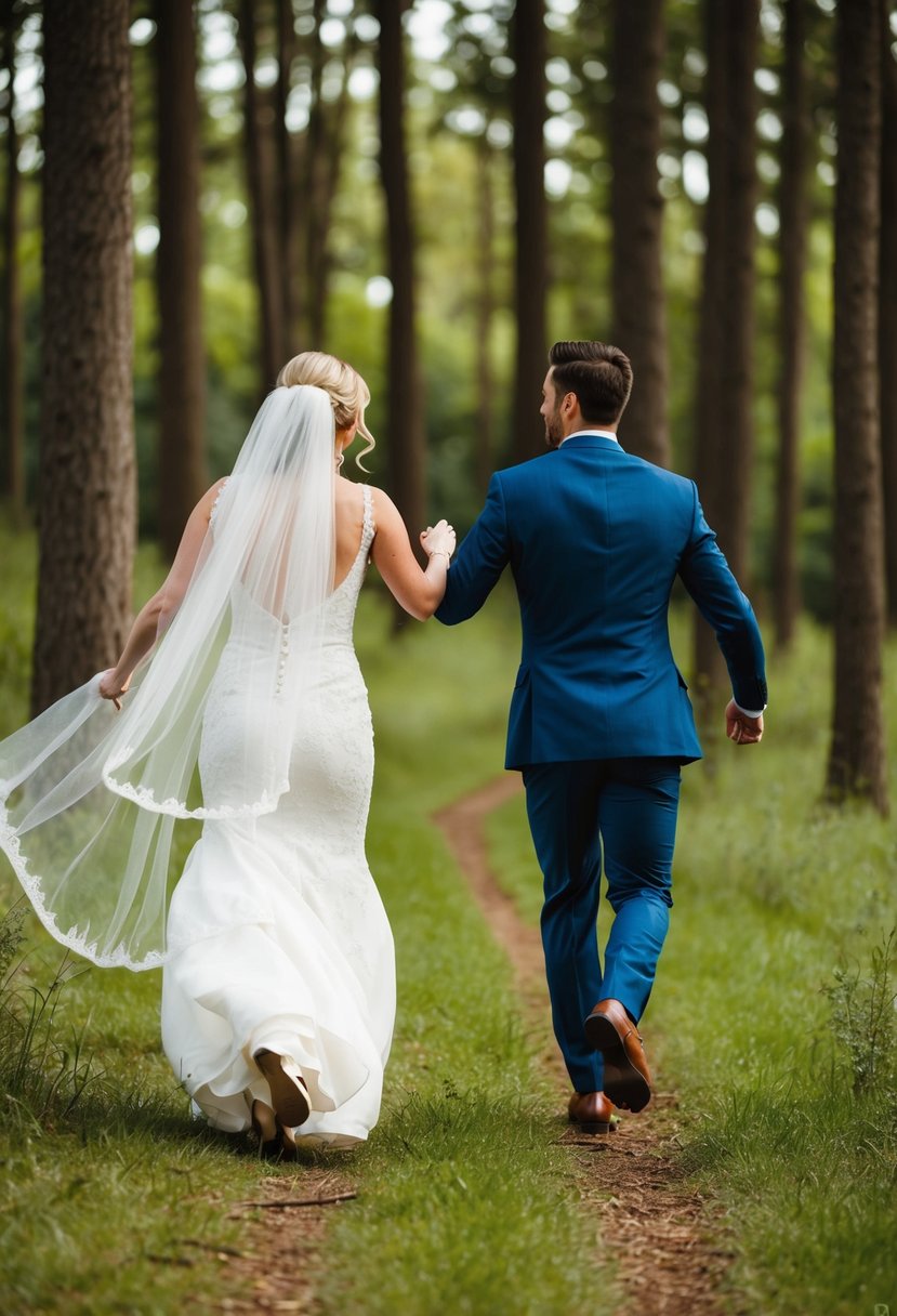 A bride and groom run through a forest, with the bride's veil flowing behind her and the groom reaching out to grab her hand