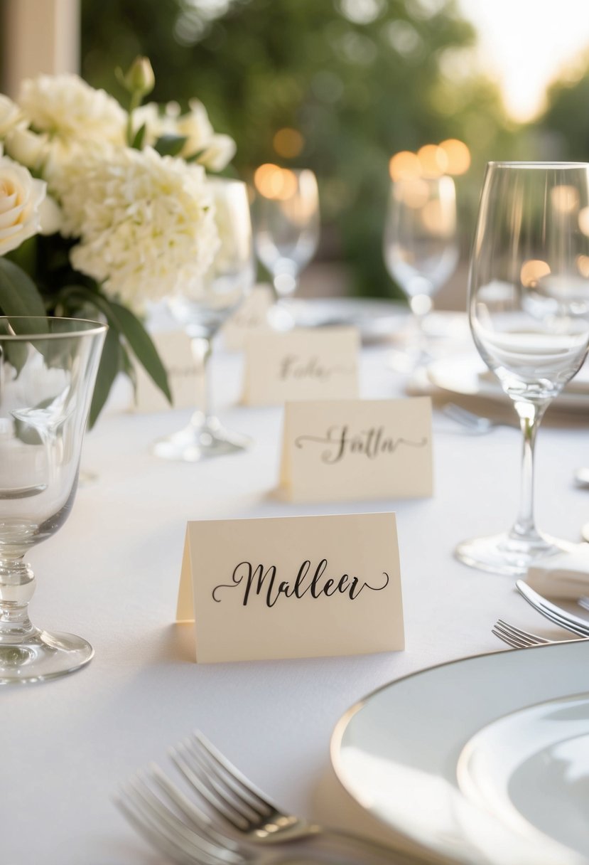 A table set with elegant name place cards, each hand-stamped with a guest's name, adding a personal touch to the wedding decor