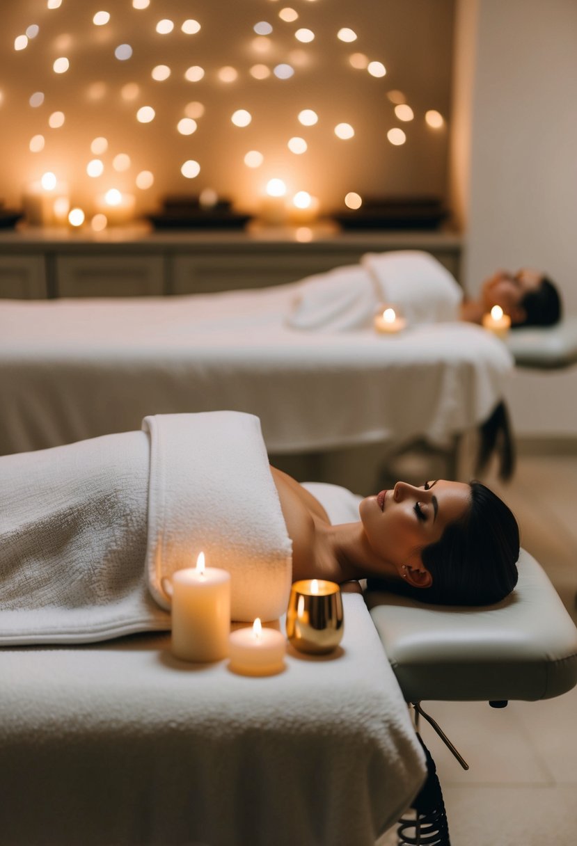 A serene spa setting with massage tables, candles, and soothing music for a bachelorette party retreat