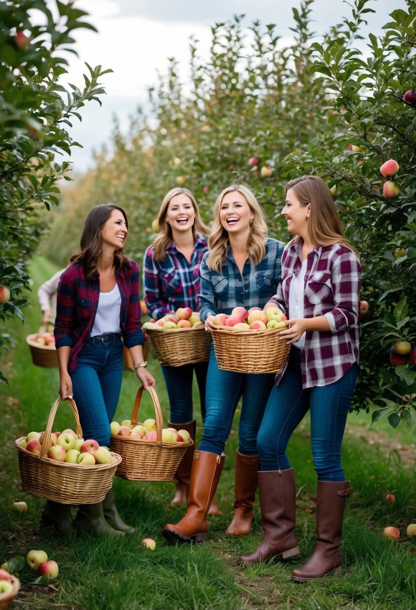 A group of women in flannel shirts and boots pick apples in an orchard on a crisp fall day, laughing and chatting as they fill their baskets