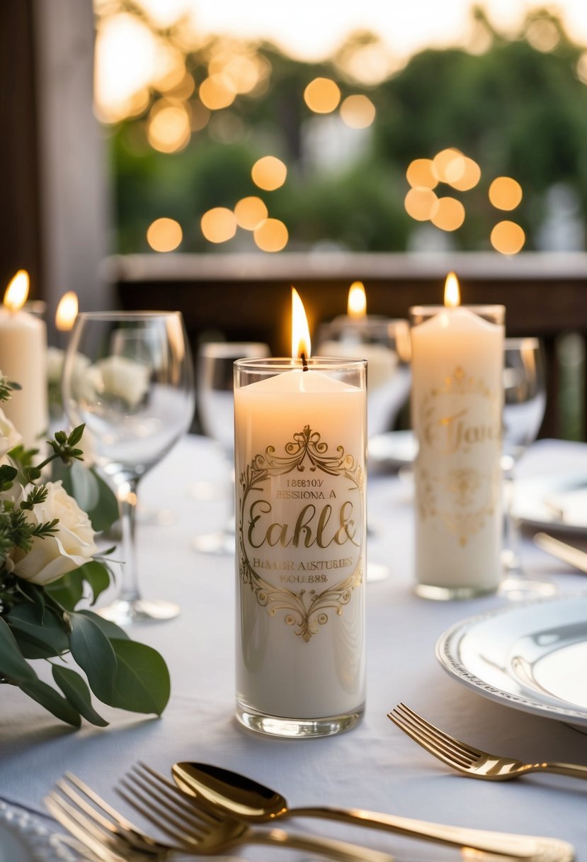 A table set with engraved candle holders, personalized for a wedding celebration