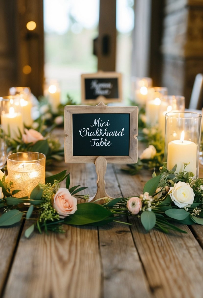 A rustic wooden table adorned with personalized mini chalkboard signs, surrounded by delicate floral arrangements and flickering candlelight