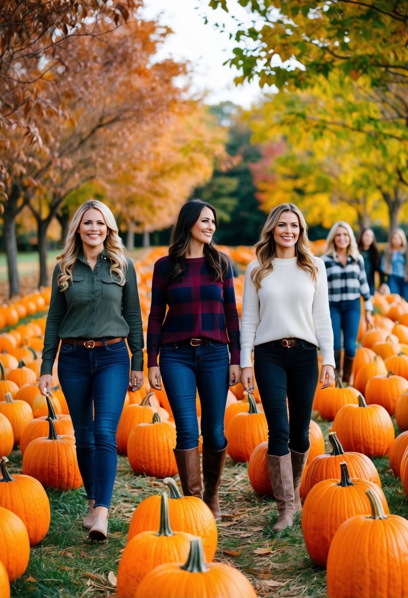 A group of women wander through a colorful pumpkin patch, surrounded by rows of vibrant orange pumpkins and autumn foliage