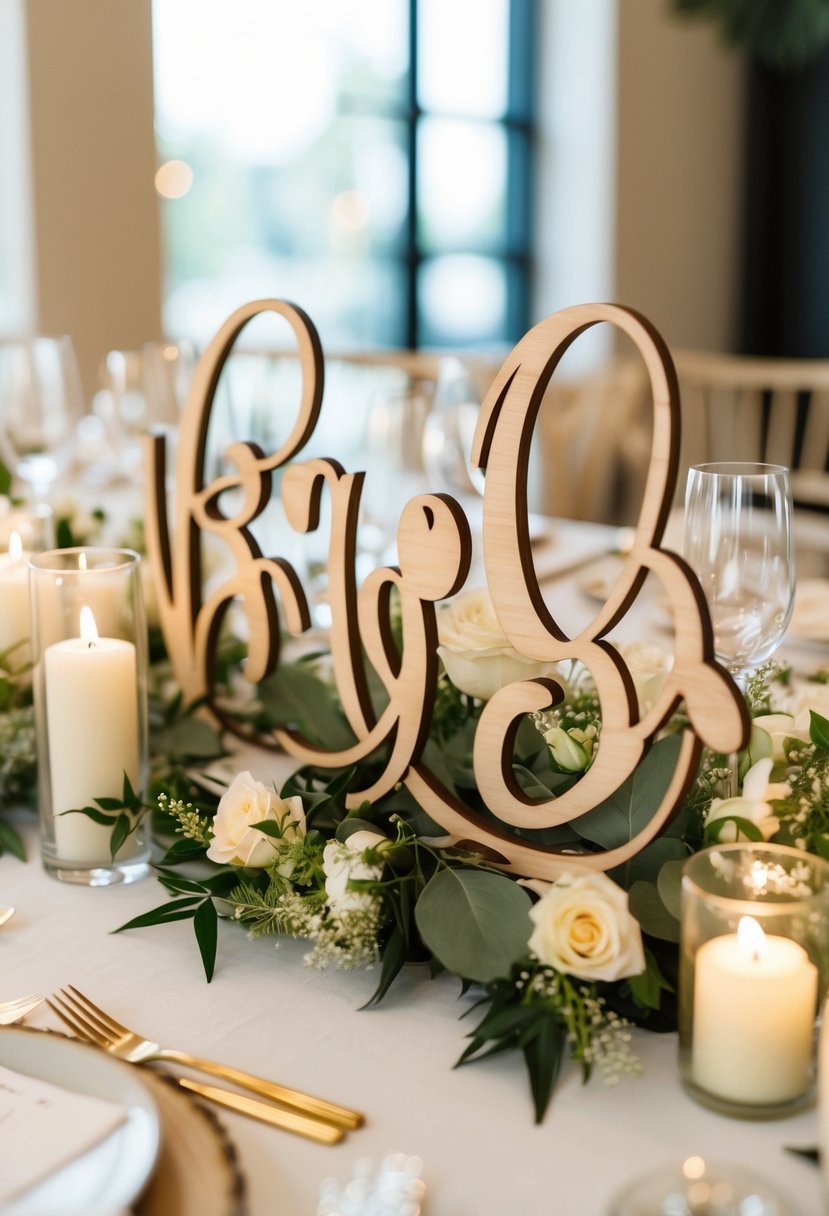 Laser-cut wood signs with the couple's initials, surrounded by delicate floral arrangements and candles, create an elegant wedding table decoration