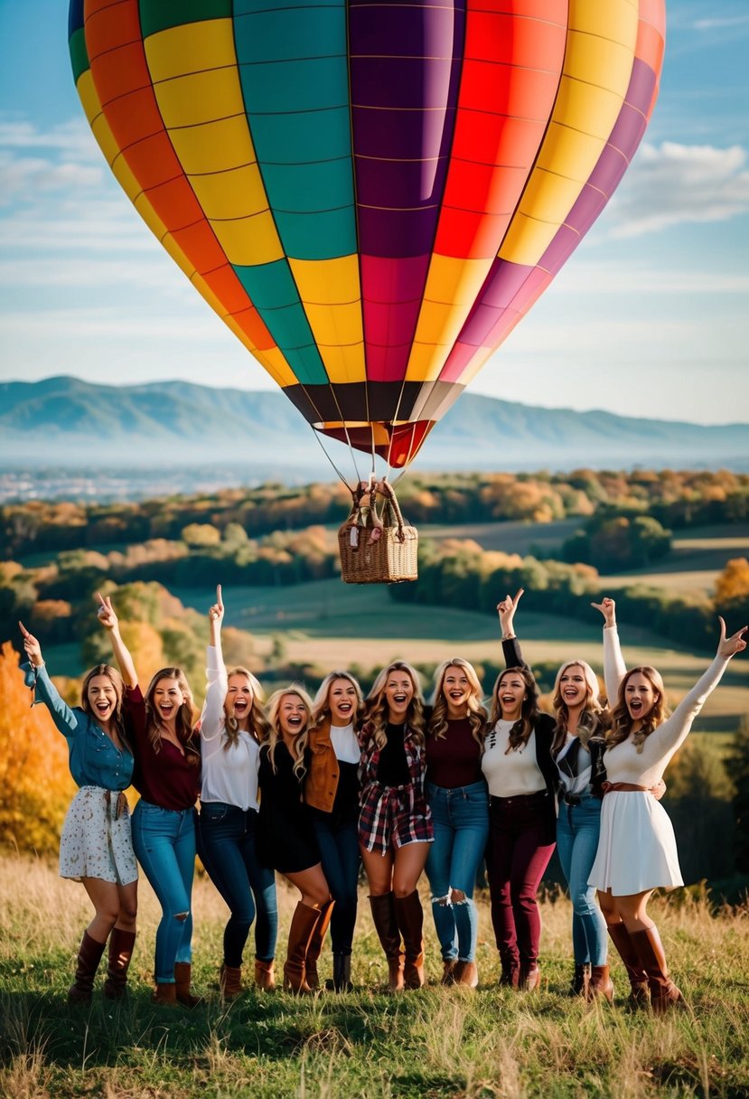 A colorful hot air balloon floats above a scenic landscape, with a group of excited women celebrating a fall bachelorette party